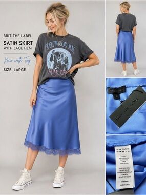 Brit The Label Blue Satin Lace Trim Midi Slip Skirt NWT Size Large